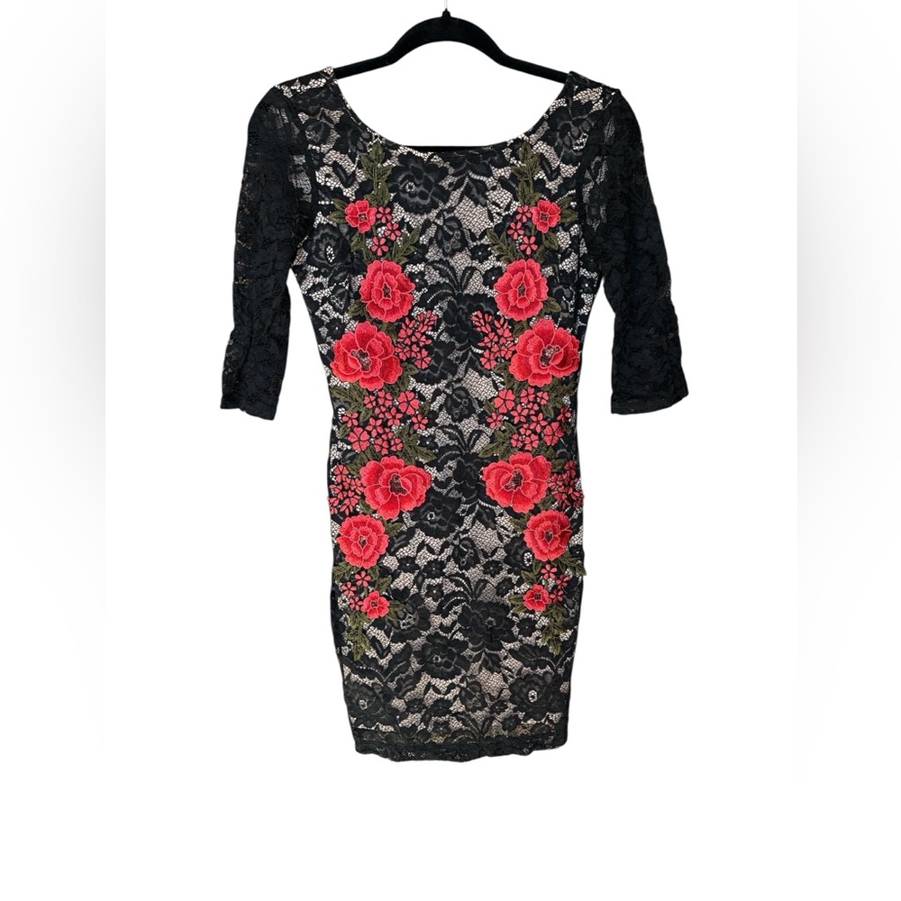 I.N. San Francisco Black Lace Dress with Red Floral Design
